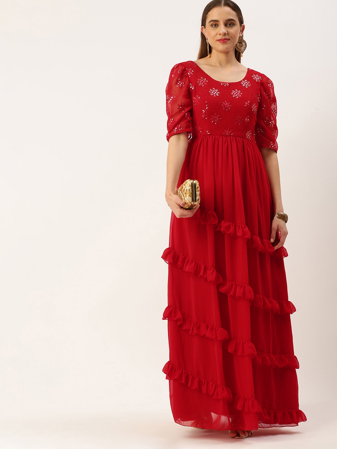 Ethnovog Red Embellished Georgette Maxi Dress Price in India