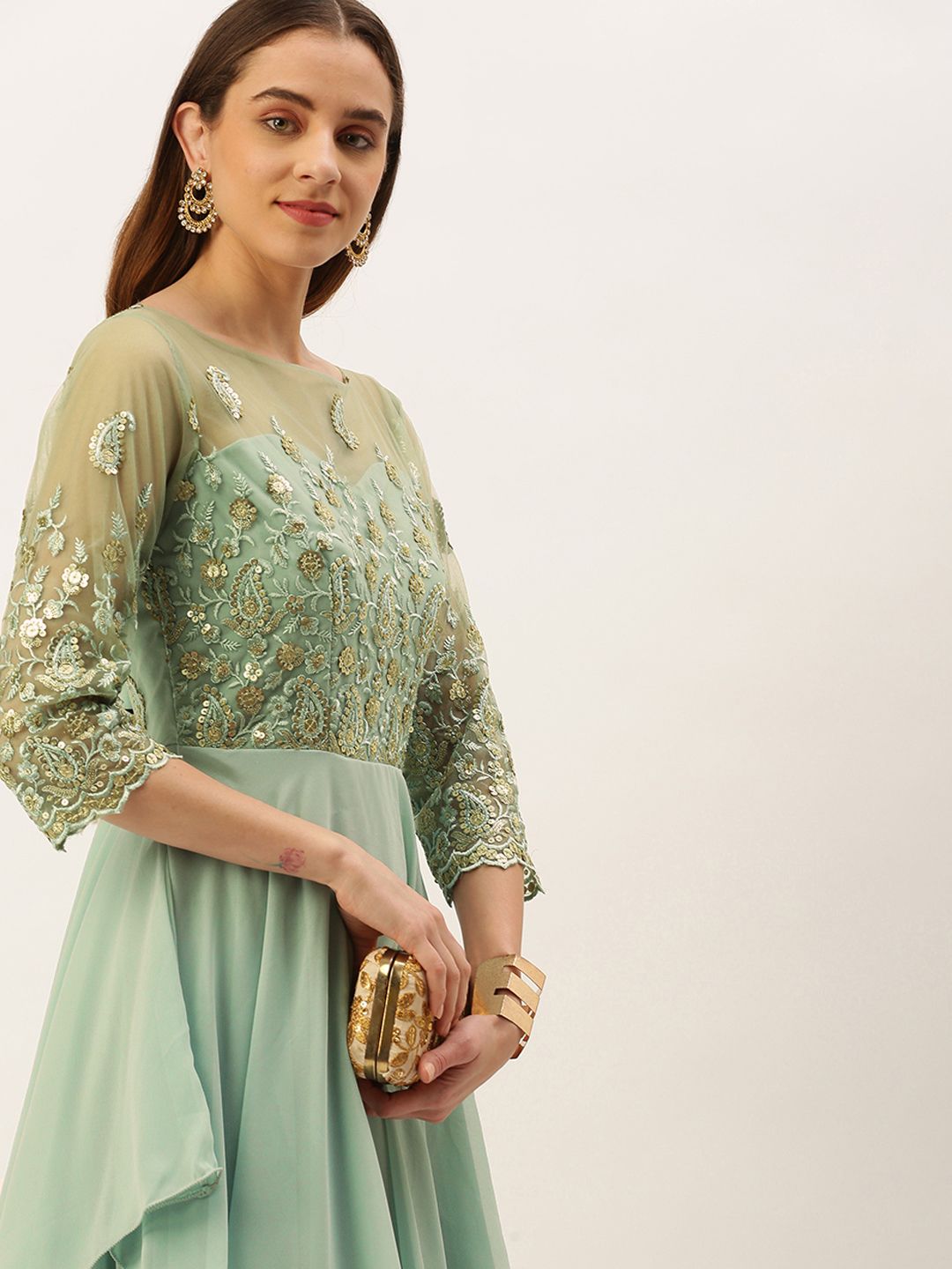 Ethnovog Green Floral Embroidered Georgette Ethnic Maxi Dress Price in India