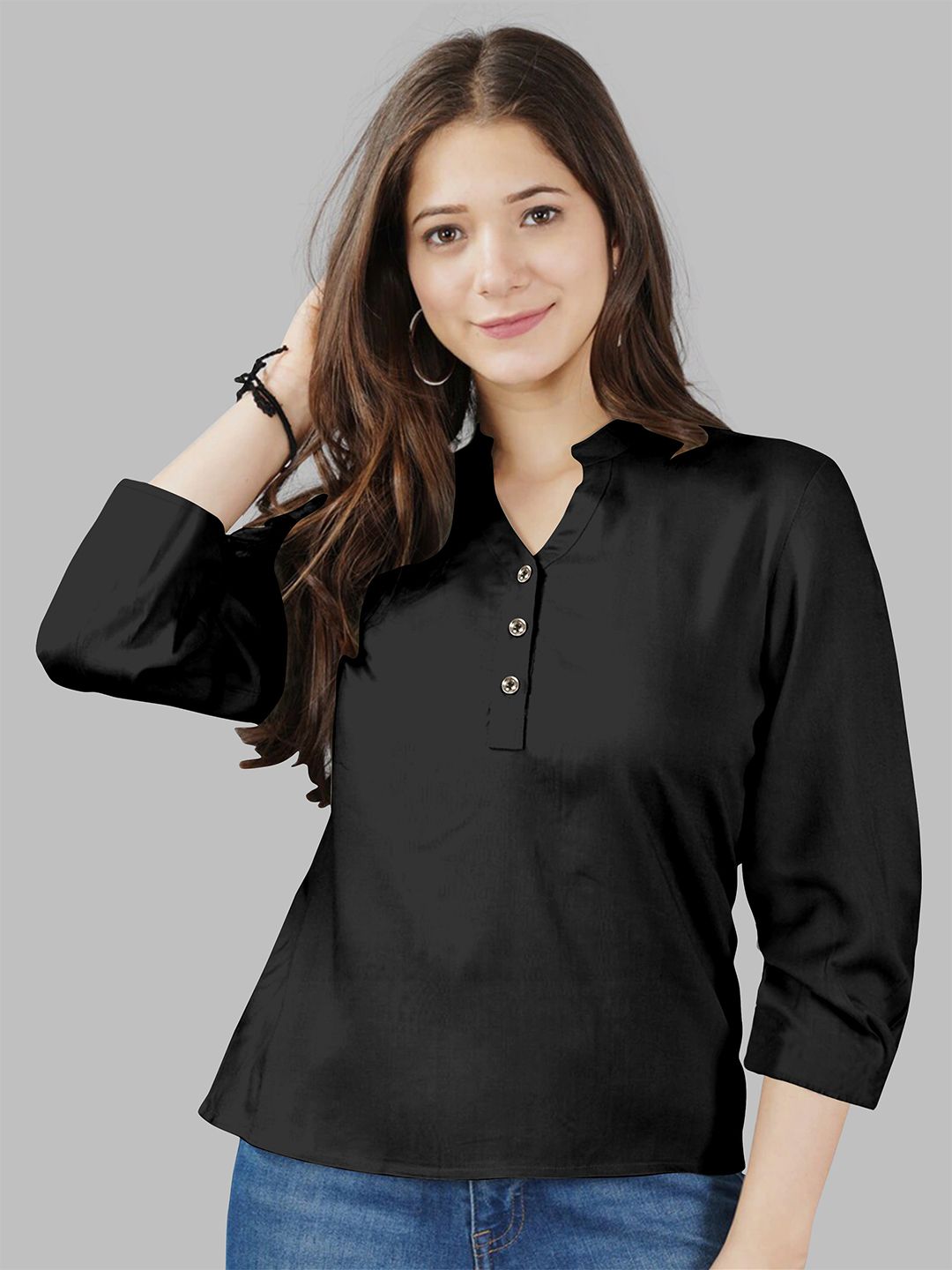 Fashion FRICKS Black Mandarin Collar Shirt Style Top Price in India