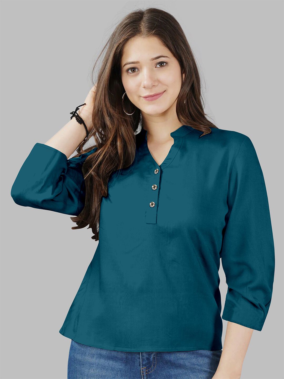 Fashion FRICKS Turquoise Blue Mandarin Collar Shirt Style Top Price in India