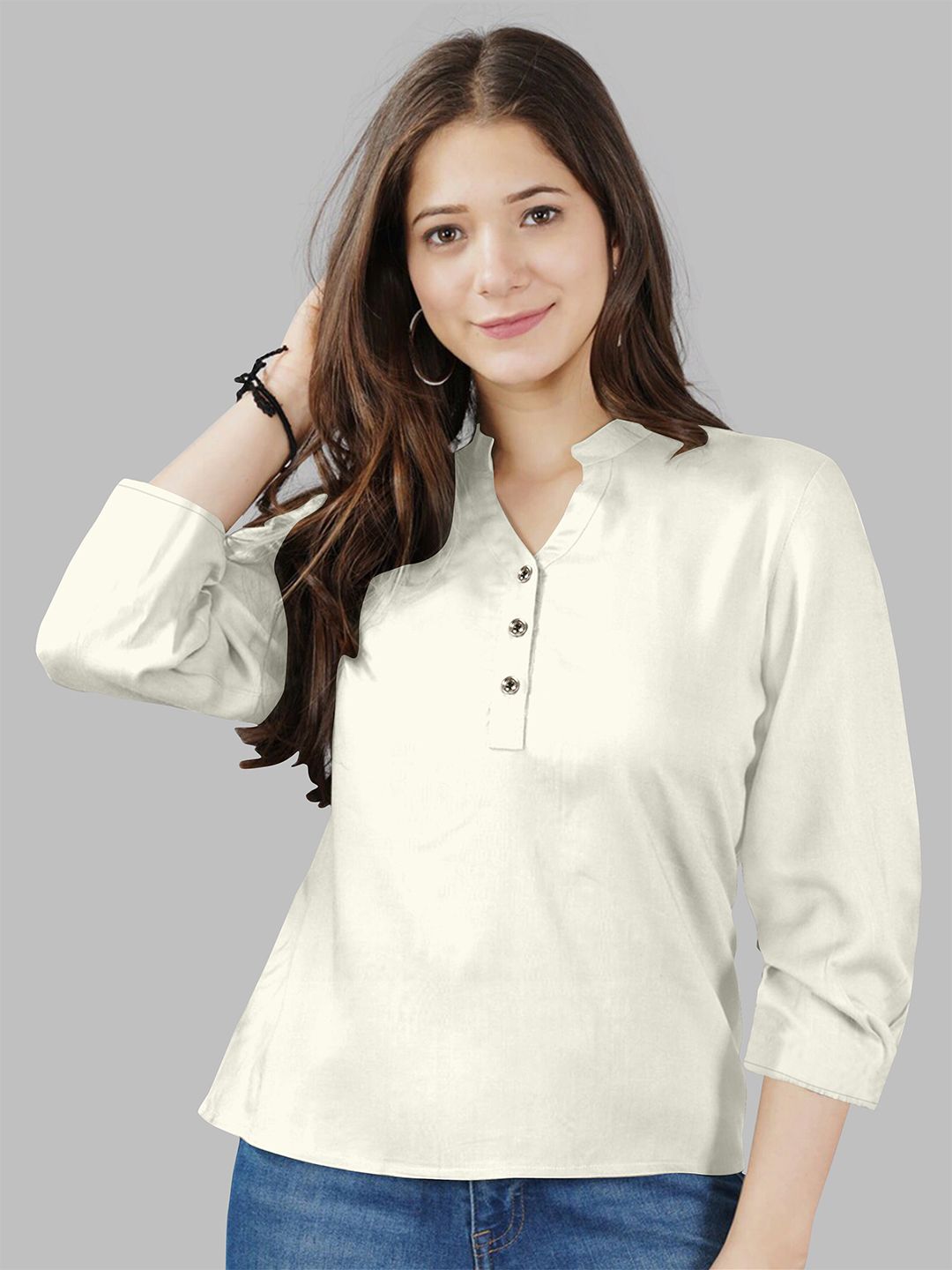 Fashion FRICKS White Mandarin Collar Shirt Style Top Price in India