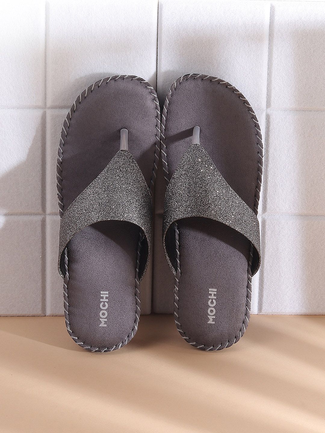 Mochi Mochi Grey Embellished Comfort T Strap Flats