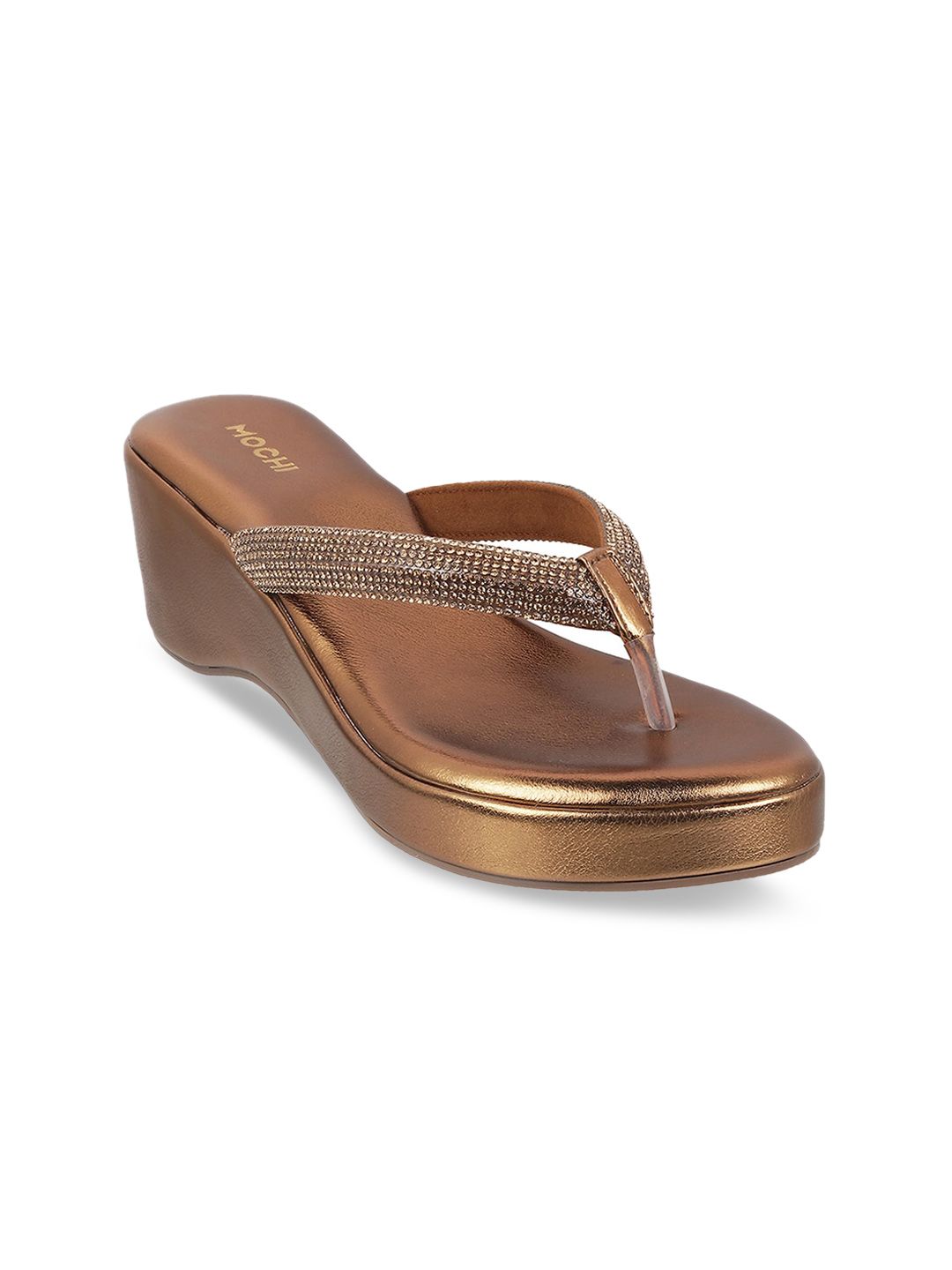 Mochi Mochi Womens Embellished Gold-Toned T- Strap Comfort Wedge Heels