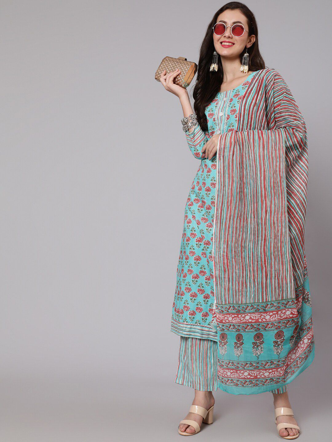 WOMENCLICK Floral Printed Round Neck Pure Cotton Kurta with Trousers & Dupatta Price in India