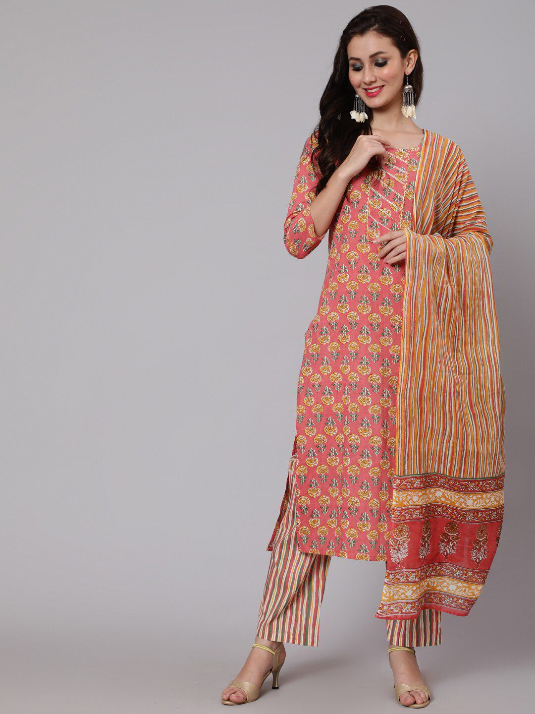 WOMENCLICK Floral Printed Round Neck Pure Cotton Kurta with Trousers & Dupatta Price in India