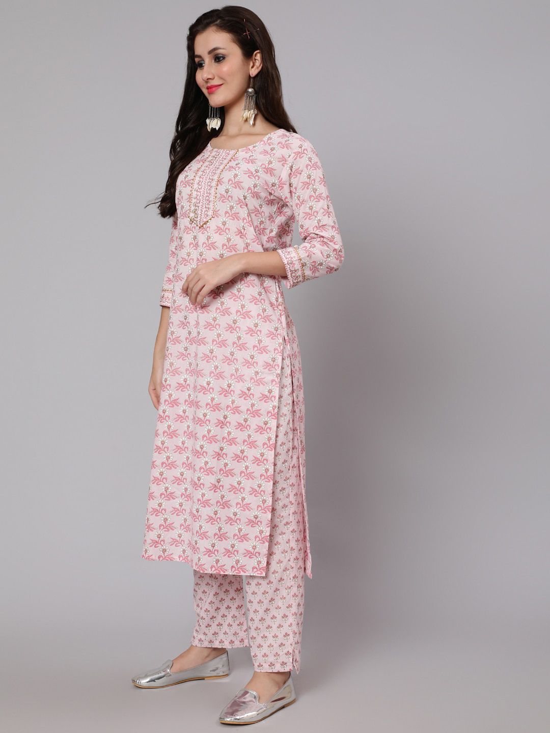 WOMENCLICK Floral Printed Round Neck Pure Cotton Kurta with Trousers & Dupatta Price in India