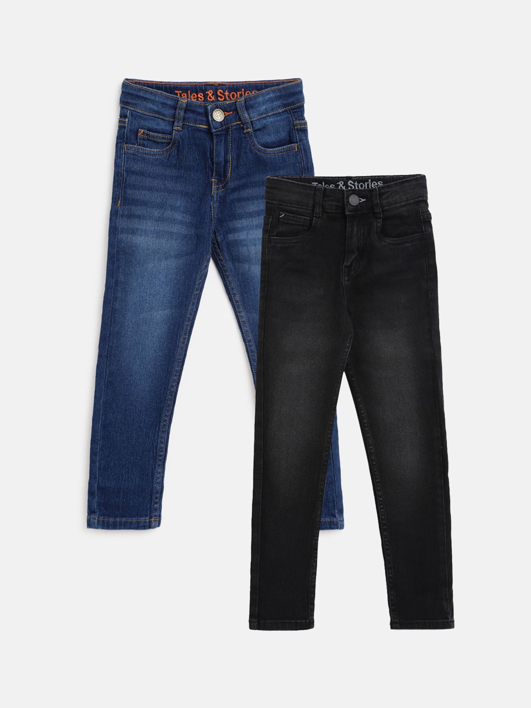 TALES & STORIES Boys Pack of 2 Slim Fit Mildly Distressed Light Fade Stretchable Jeans
