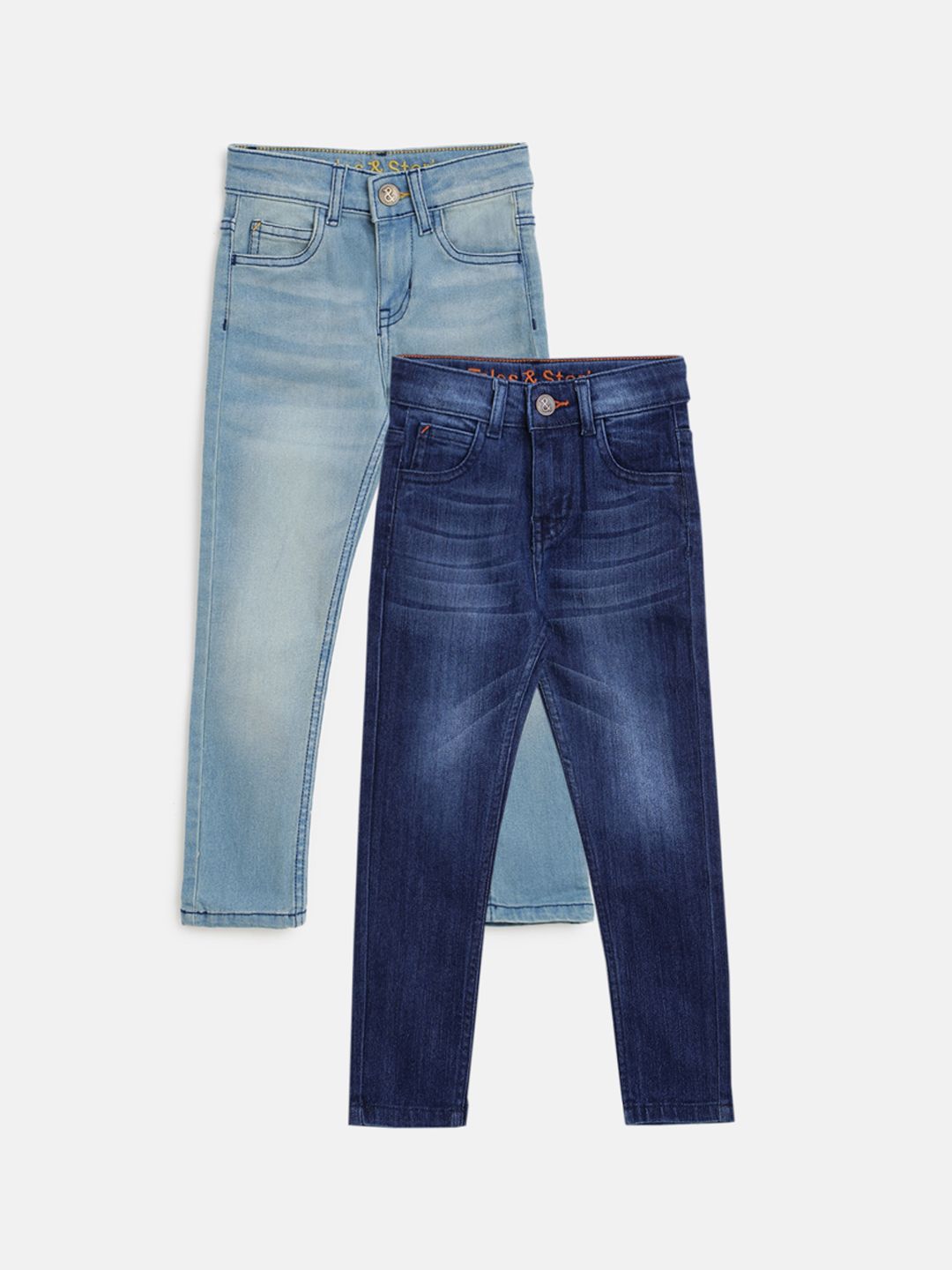 TALES & STORIES Boys Pack of 2 Cotton Slim Fit Low Distress Heavy Fade Stretchable Jeans