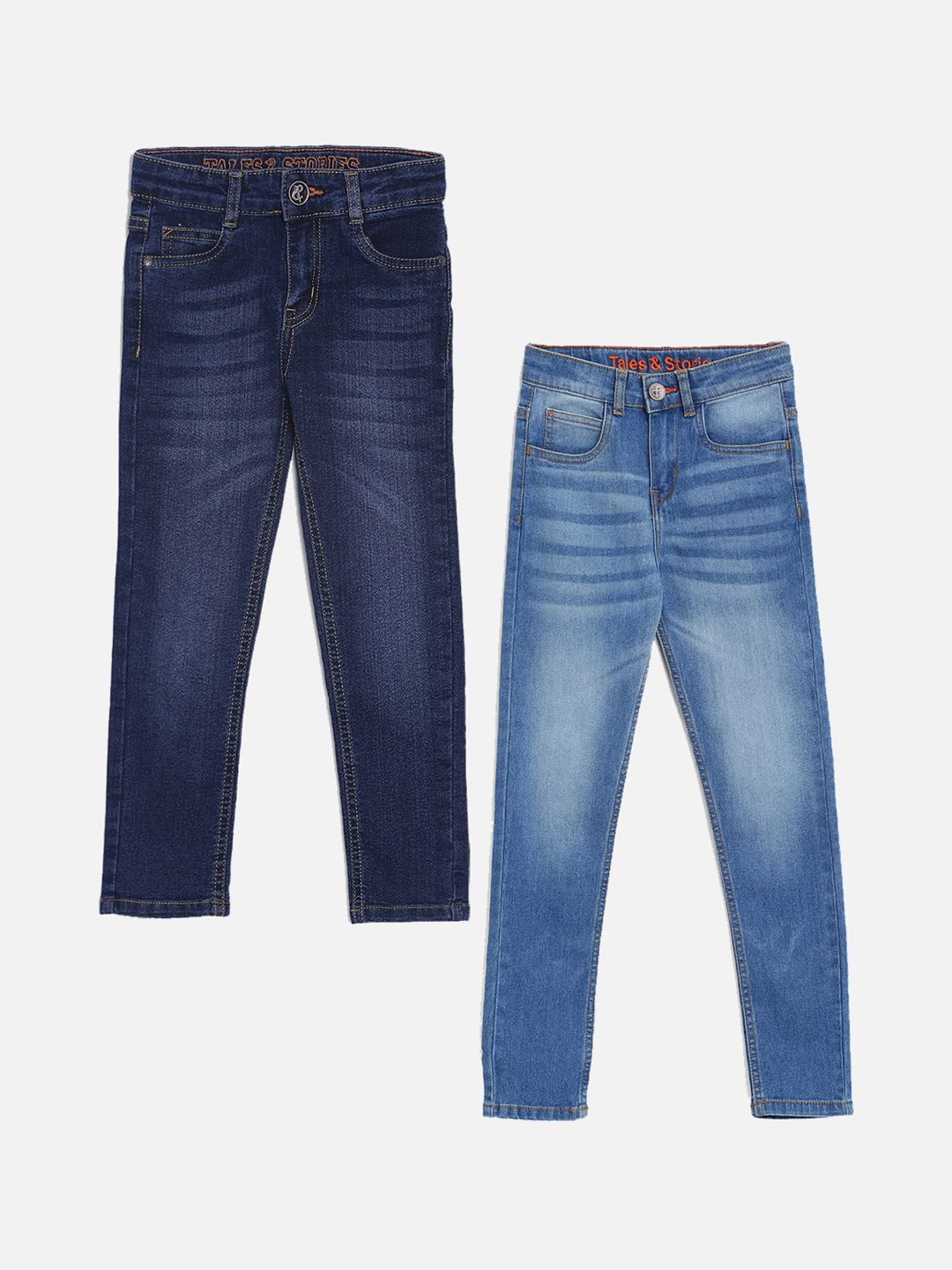 TALES & STORIES Boys Pack of 2 Slim Fit Mildly Distressed Light Fade Stretchable Jeans