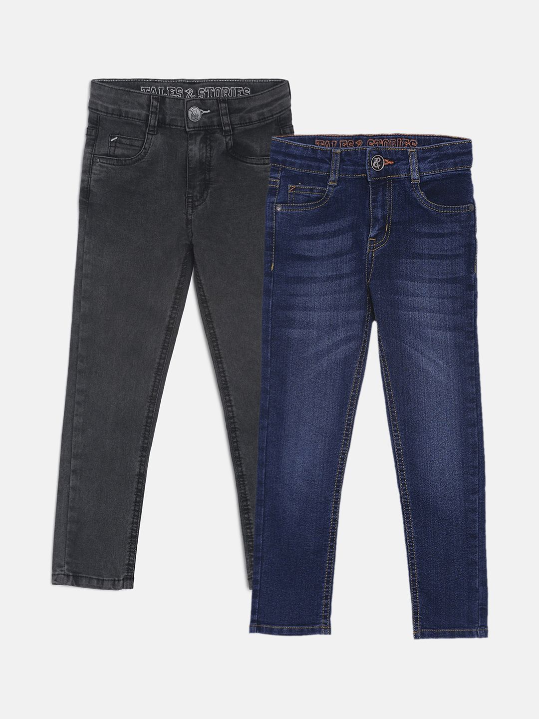 TALES & STORIES Boys Pack of 2 Cotton Slim Fit Low Distress Light Fade Stretchable Jeans