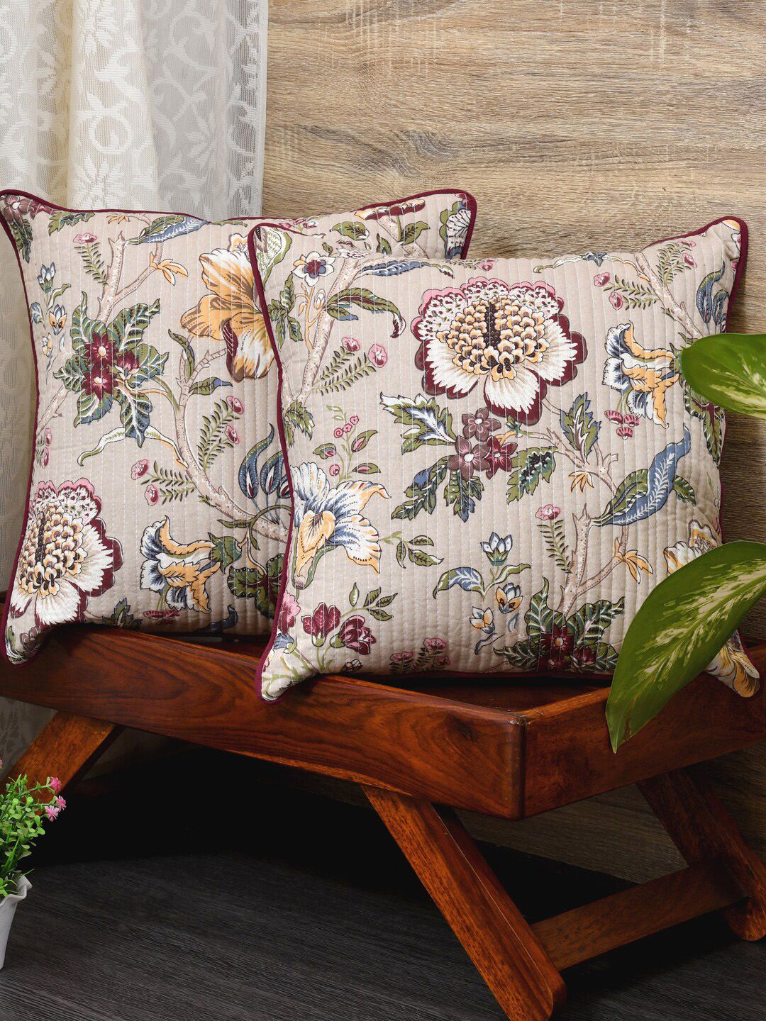 Clasiko Beige Floral Cotton Breathable 2 Piece Square Cushion Covers -16x16In