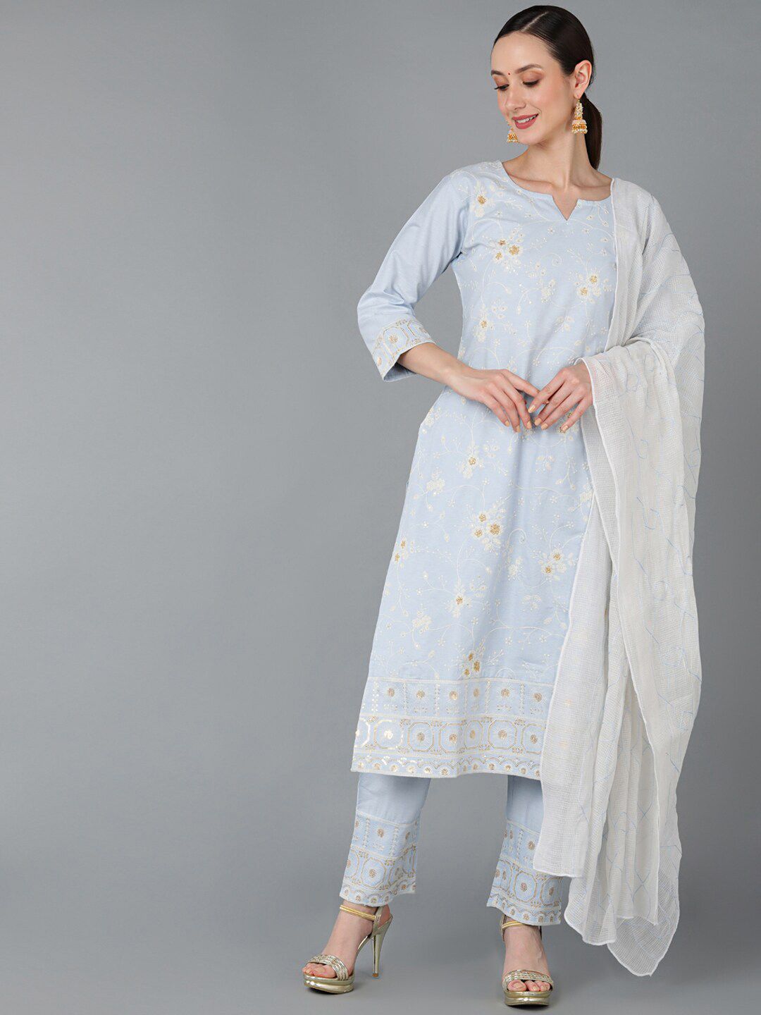 AHIKA Women Floral Embroidered Sequinned Pure Cotton Kurta with Trousers & Dupatta Price in India