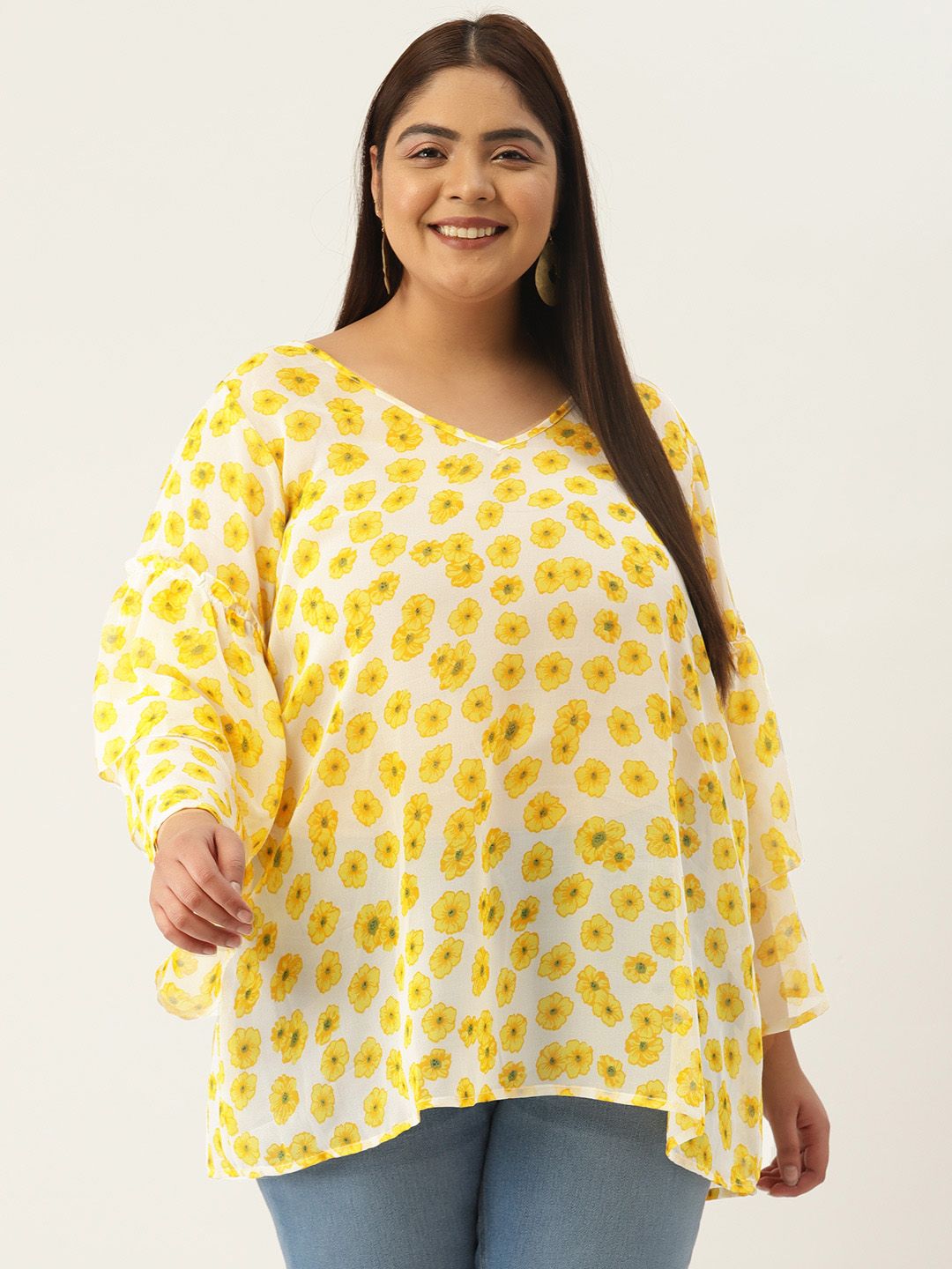 theRebelinme Women Plus Size Floral Print Bell Sleeves Georgette Longline Top Price in India