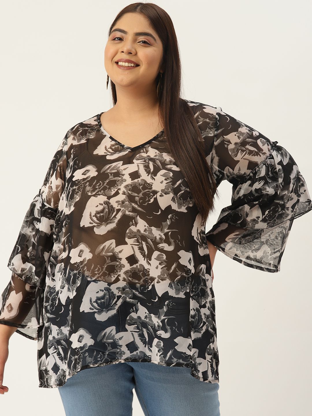 theRebelinme Women Plus Size Floral Print Bell Sleeves Georgette Longline Top Price in India