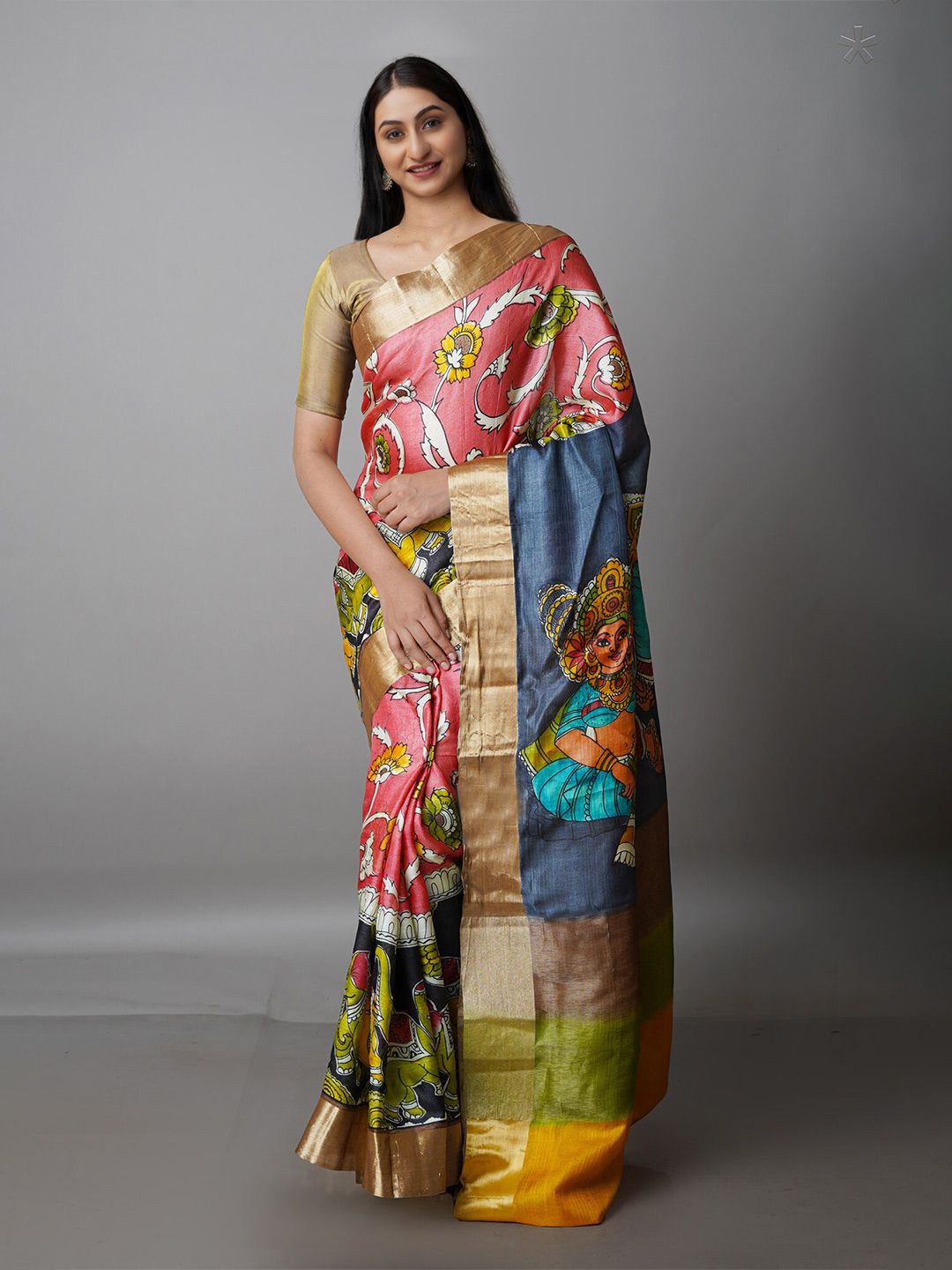 Unnati Silks Kalamkari Printed Zari Pure Silk Tussar Saree Price in India