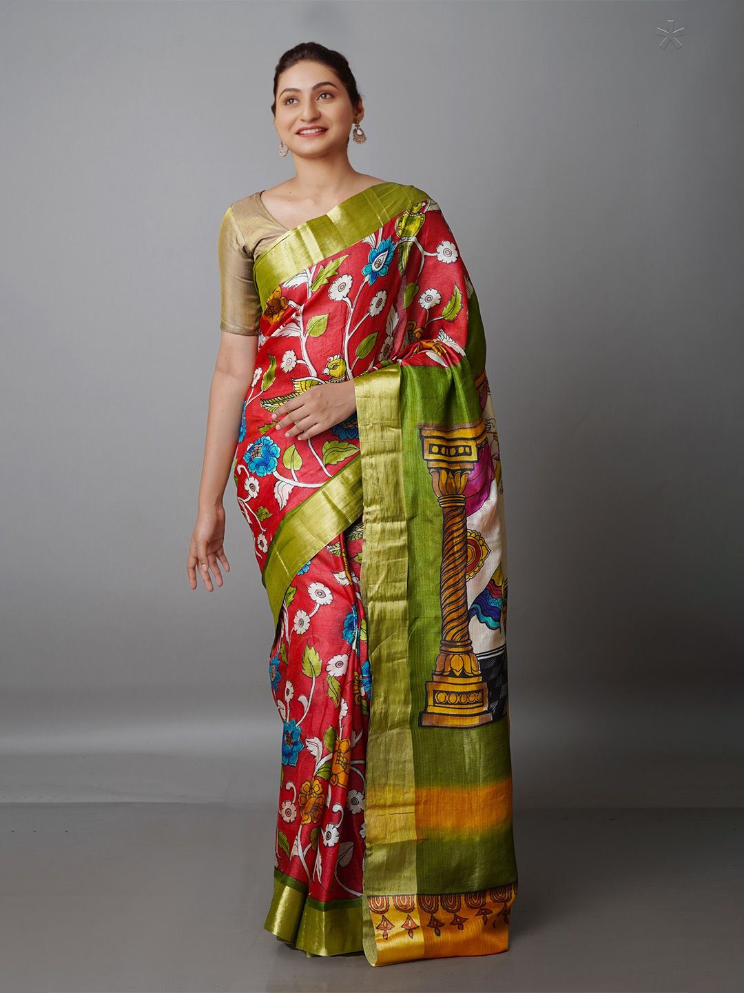Unnati Silks Kalamkari Printed Zari Pure Silk Tussar Saree Price in India
