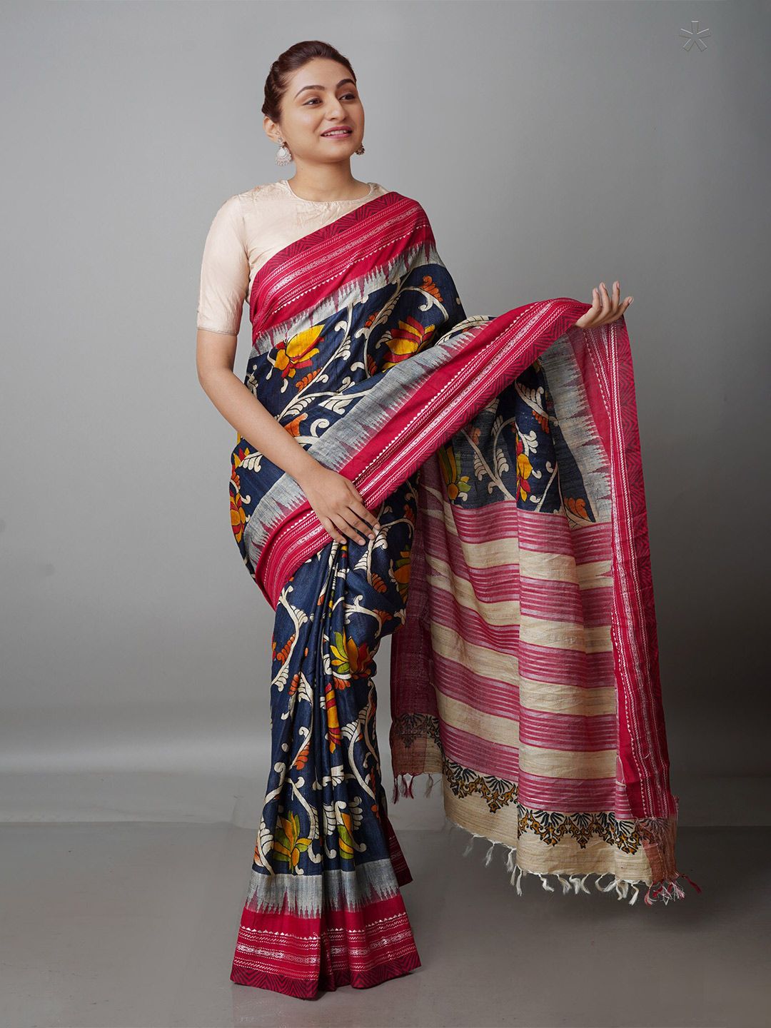 Unnati Silks Kalamkari Printed Zari Jute Silk Tussar Saree Price in India