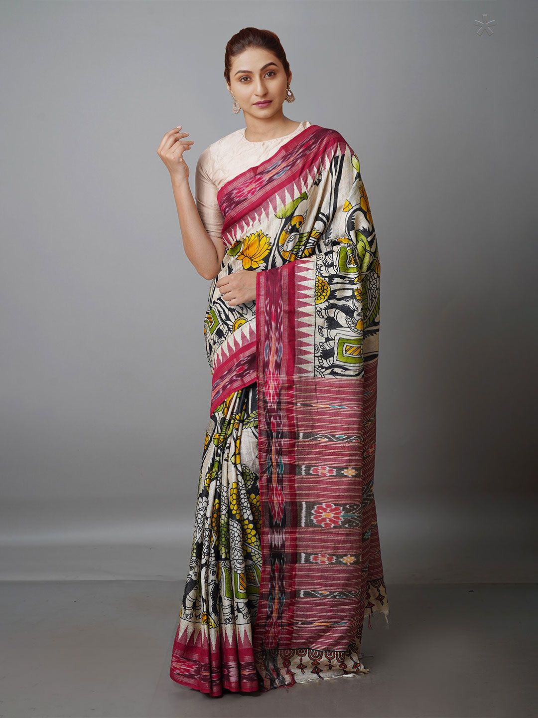 Unnati Silks Kalamkari Printed Zari Jute Silk Tussar Saree Price in India