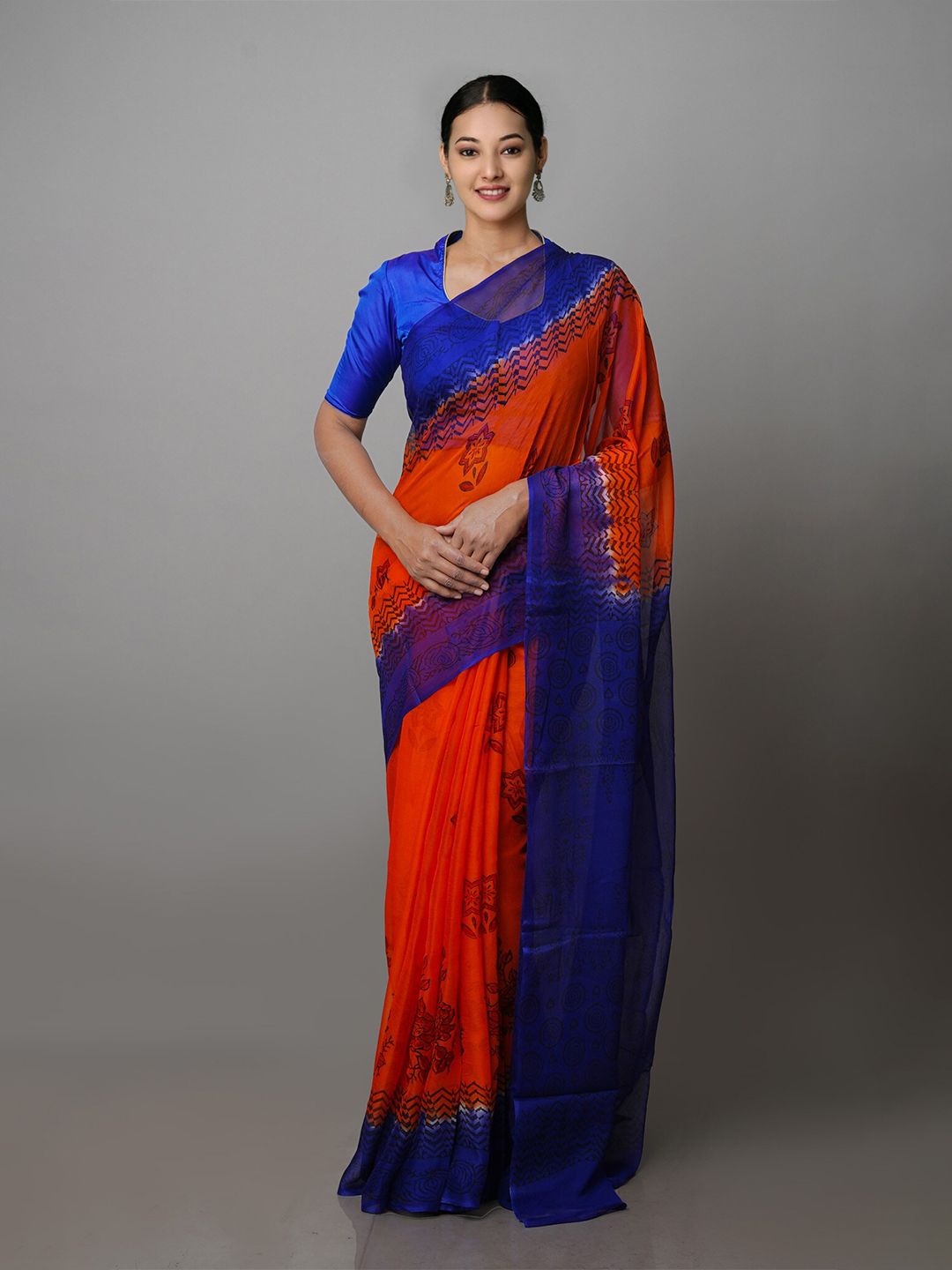 Unnati Silks Floral Silk Blend Block Print Saree Price in India