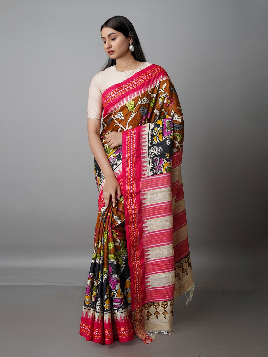 Unnati Silks Kalamkari Jute Silk Tussar Saree Price in India