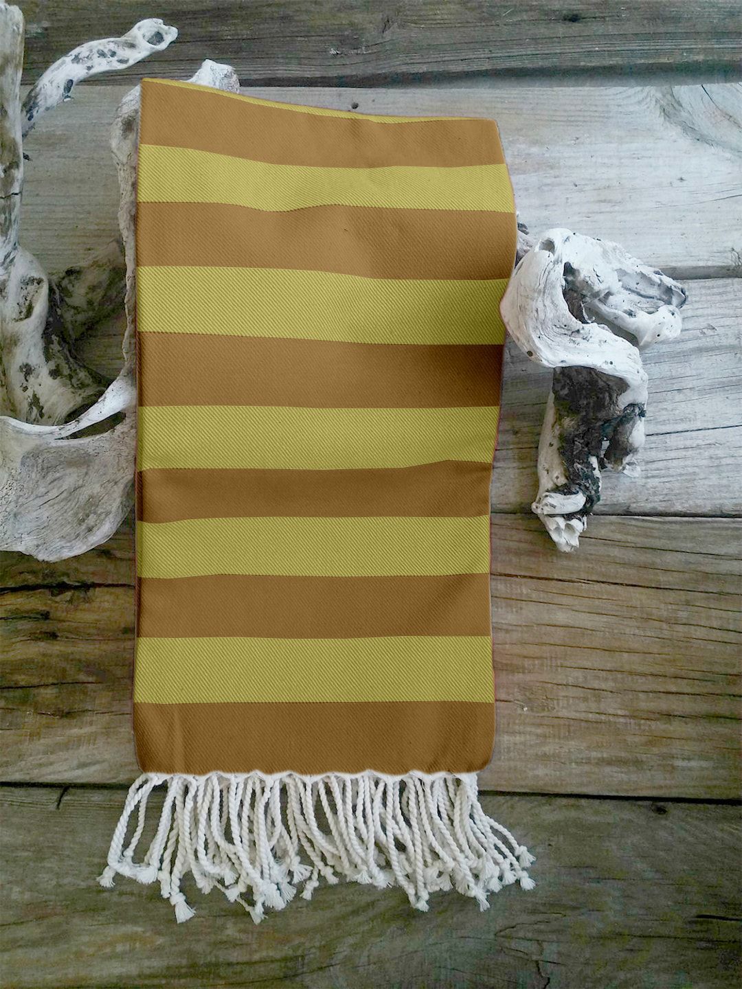 Lushomes Yellow and Beige Striped Cotton 300 GSM Turkish Hammam Bath Towel