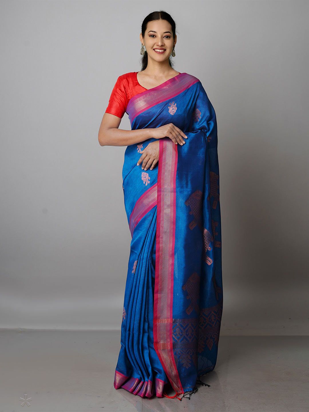 Unnati Silks Blue & Red Woven Design Zari Pure Silk Jamdani Saree Price in India