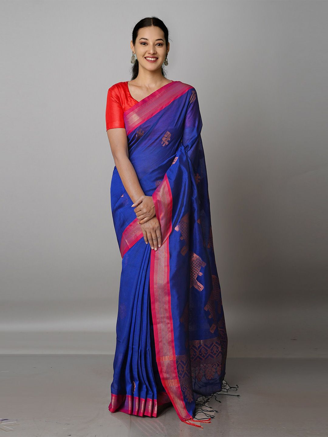 Unnati Silks Navy Blue & Pink Woven Design Zari Pure Silk Jamdani Saree Price in India