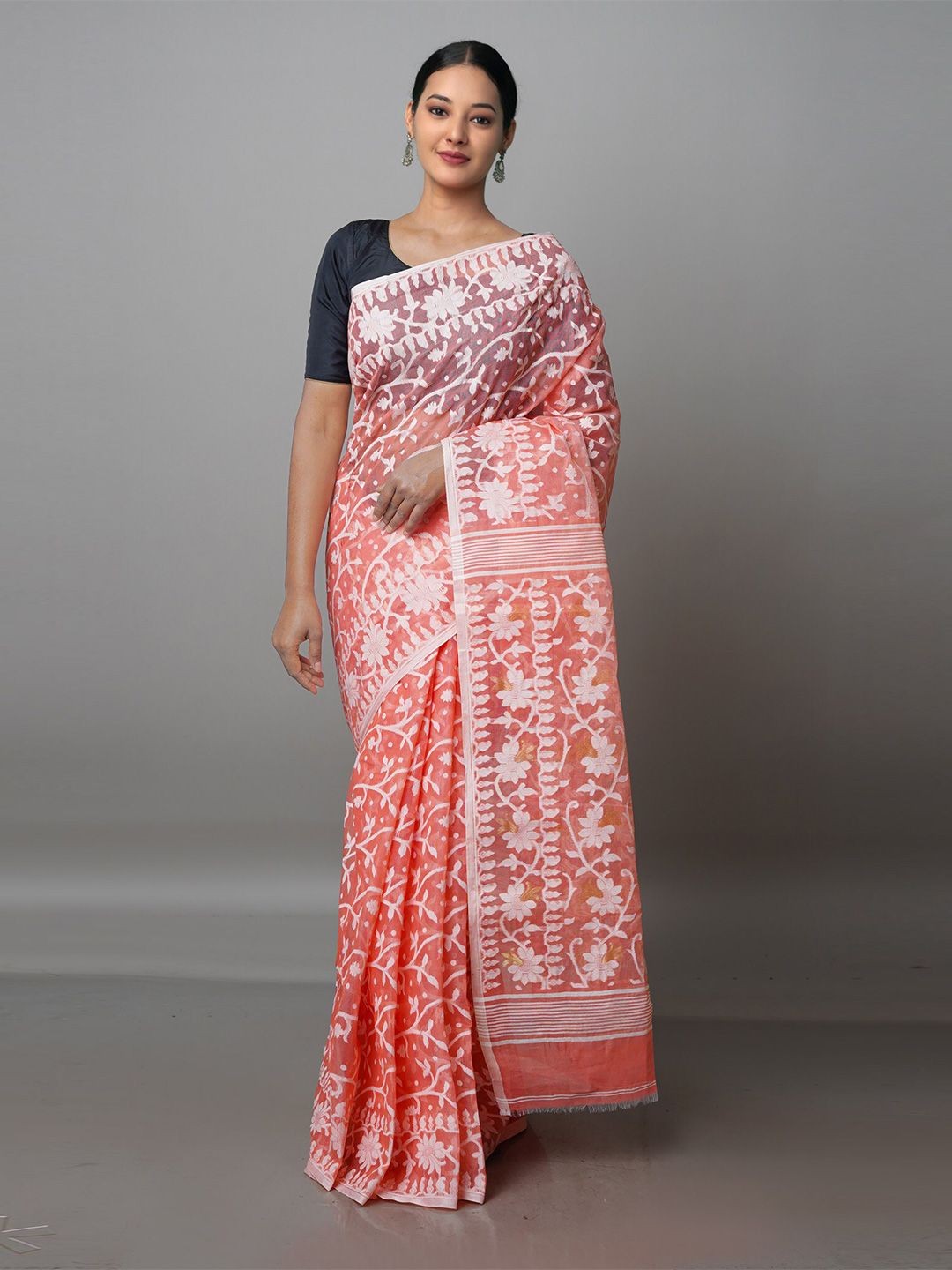 Unnati Silks Peach-Coloured & White Floral Pure Cotton Jamdani Saree Price in India