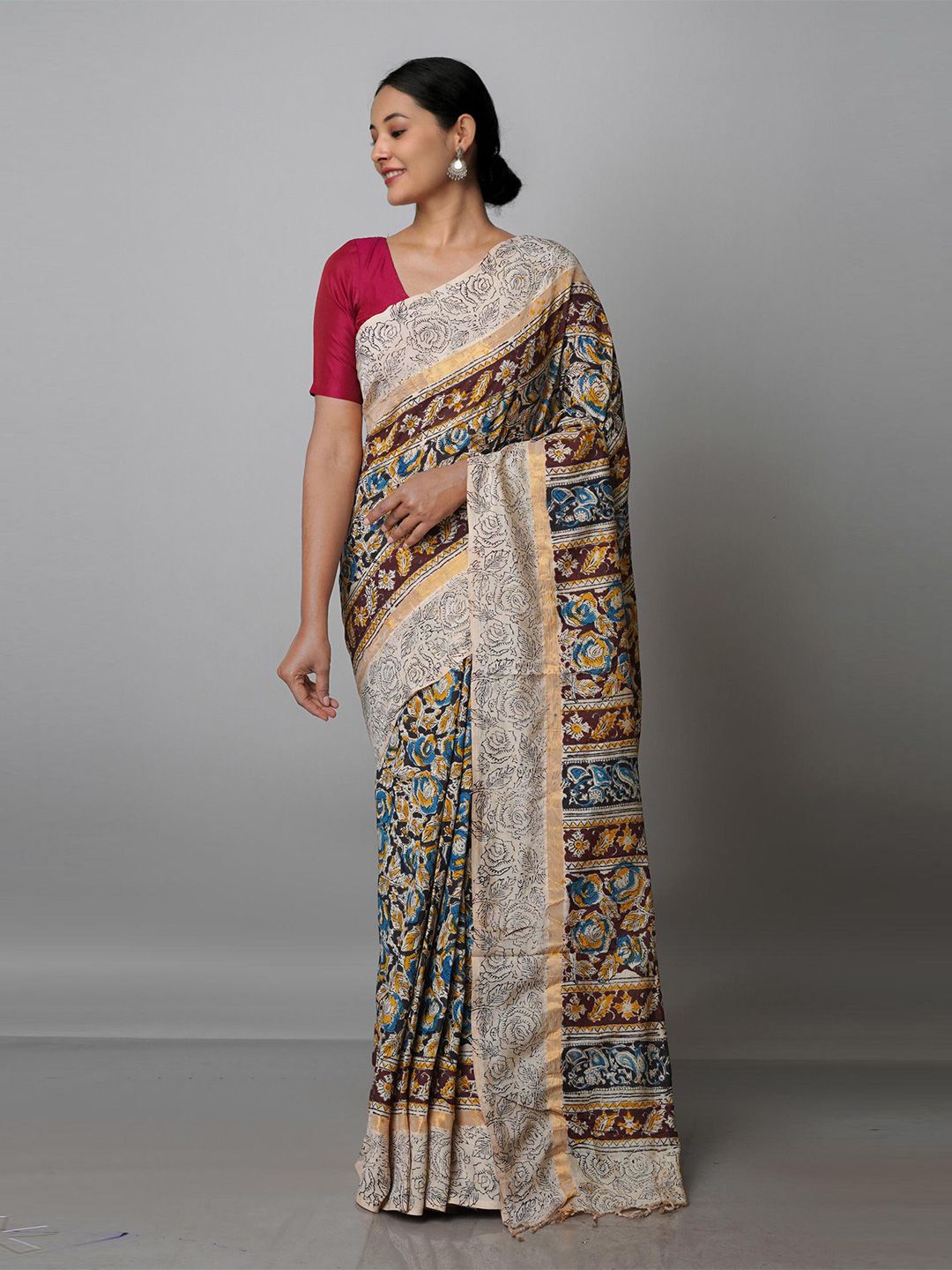 Unnati Silks Off White & Brown Floral Zari Pure Silk Block Print Saree Price in India