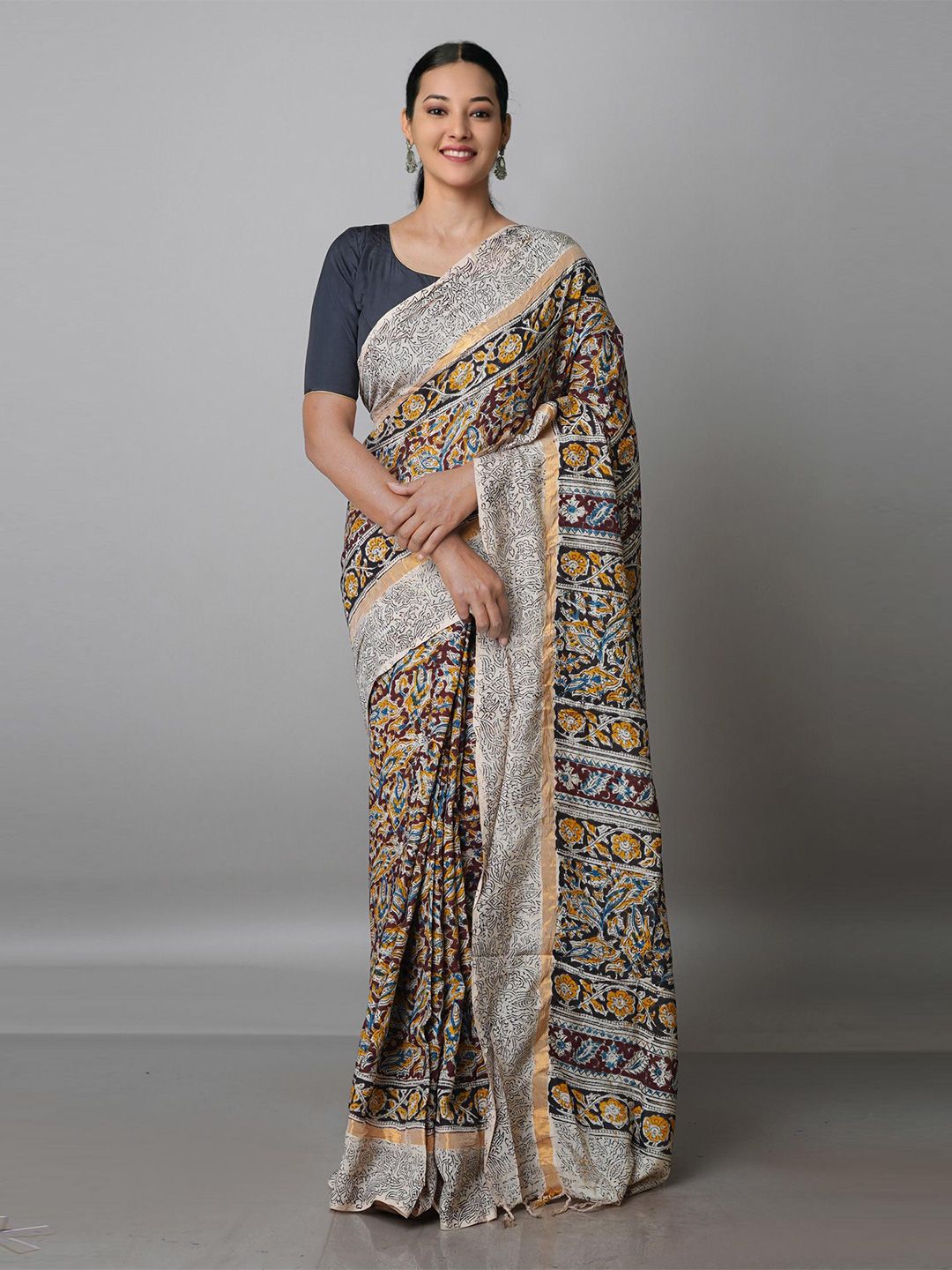 Unnati Silks Grey & Orange Kalamkari Zari Pure Silk Block Print Saree Price in India