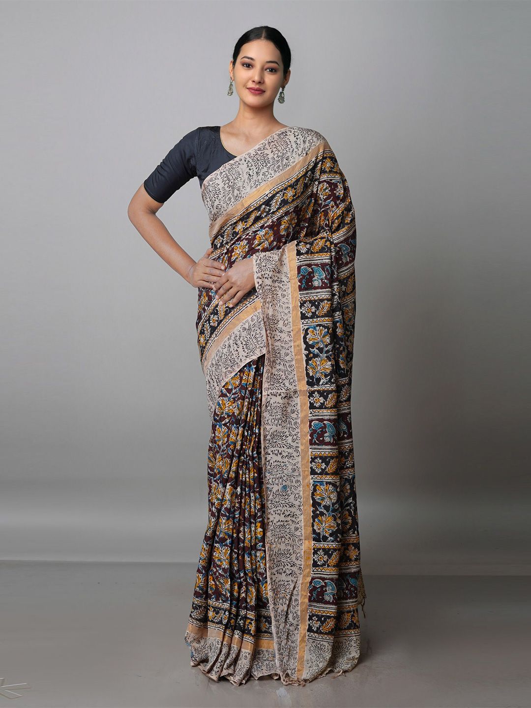Unnati Silks Beige & Blue Kalamkari Zari Pure Silk Block Print Saree Price in India