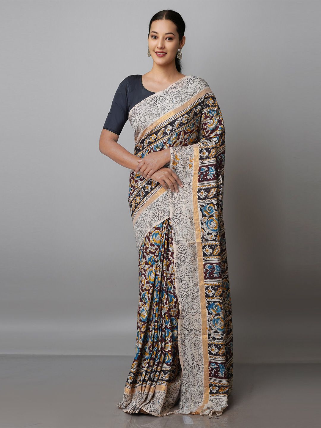 Unnati Silks Black & Grey Kalamkari Pure Silk Block Print Saree Price in India