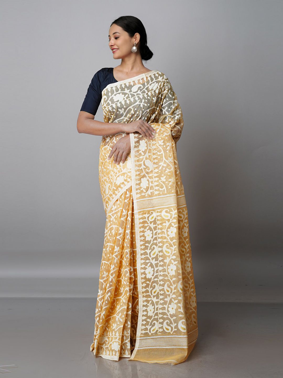 Unnati Silks Brown & White Woven Design Zari Pure Cotton Jamdani Saree Price in India