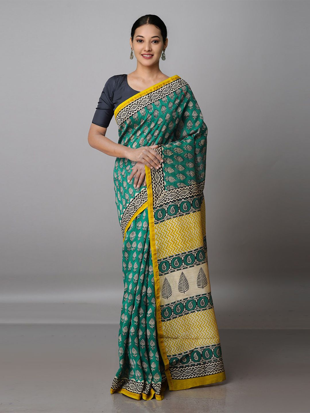 Unnati Silks Green & Blue Floral Zari Silk Cotton Chanderi Saree Price in India