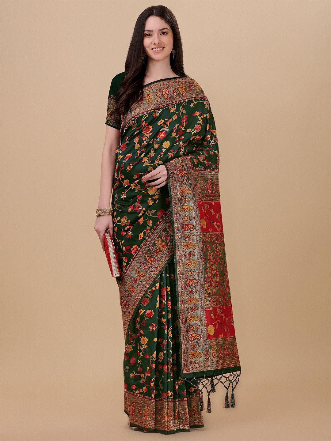 Mitera Green & Red Woven Design Zari Pure Silk Banarasi Saree Price in India