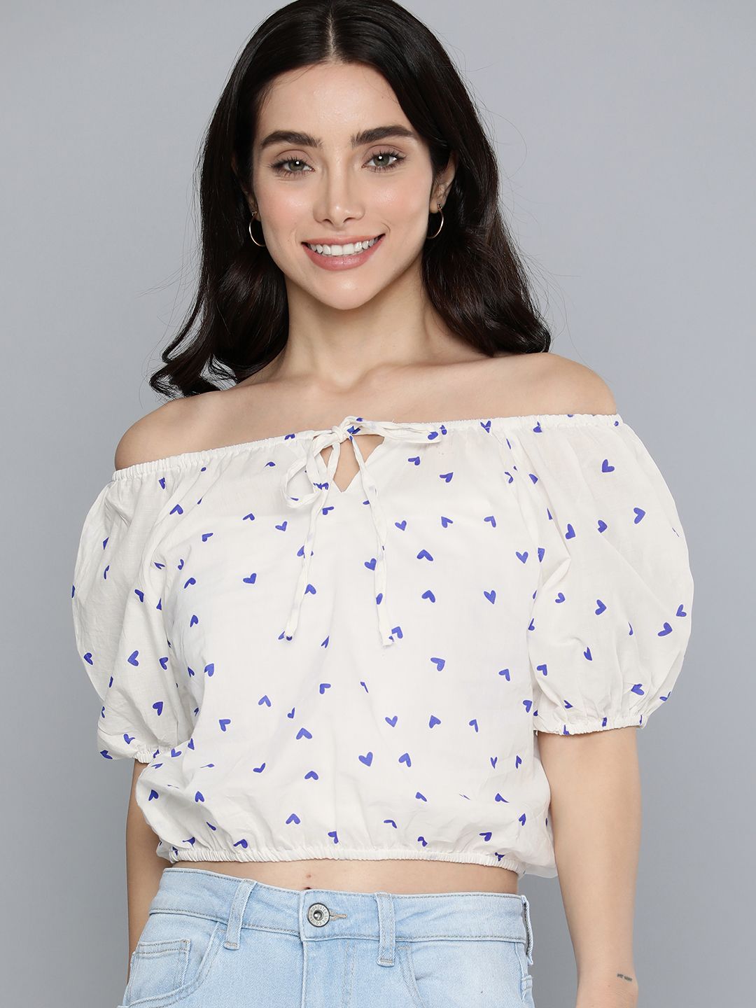 Mast & Harbour Pure Cotton Print Off-Shoulder Top Price in India