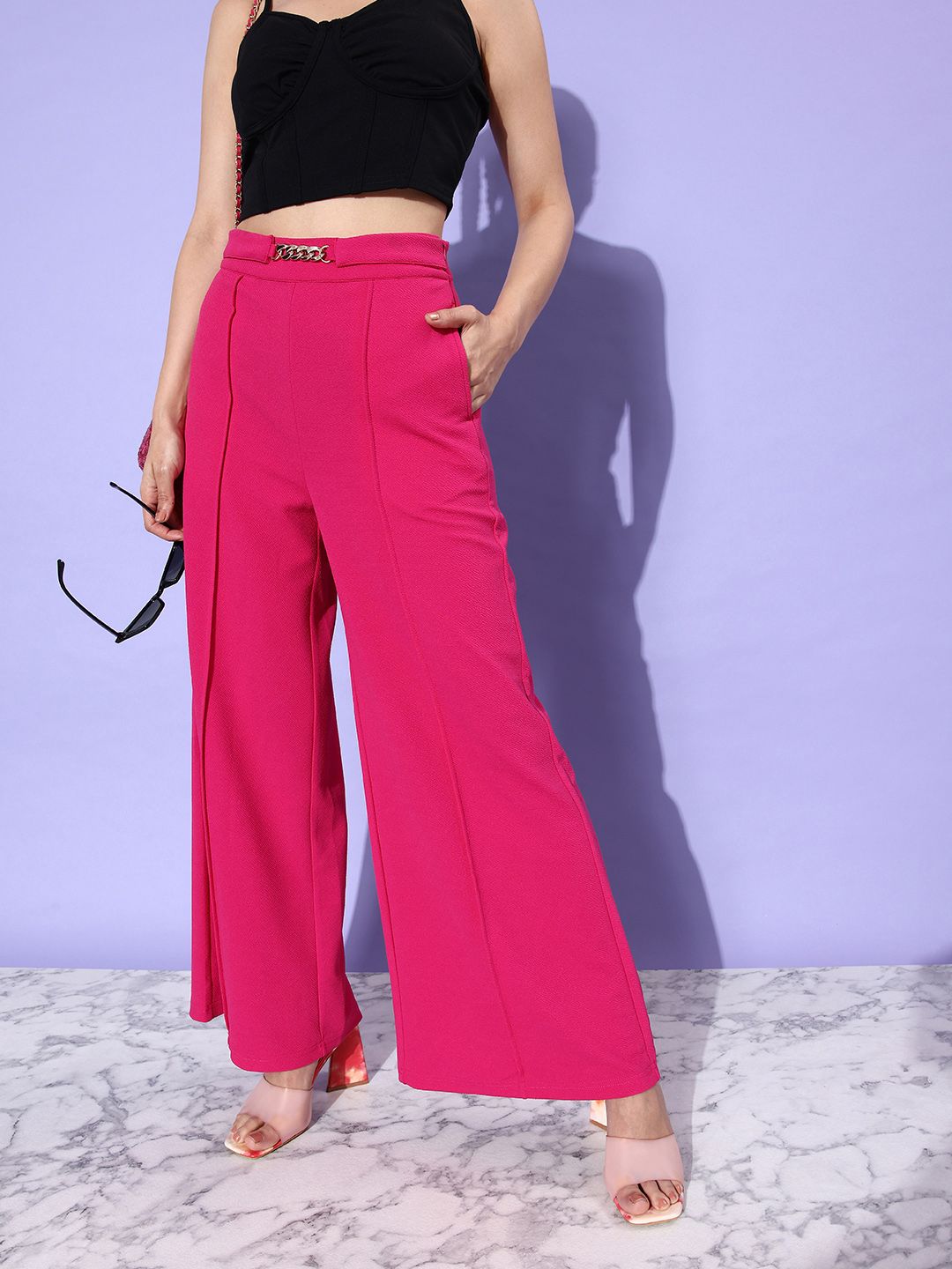 Dressberry Women Fuchsia Pink Raw Mini Pleated Trousers Price in India