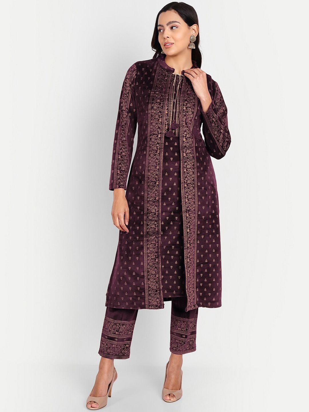 HK colours of fashion Women Ethnic Motifs Printed Velvet Kurta with Trousers Price in India