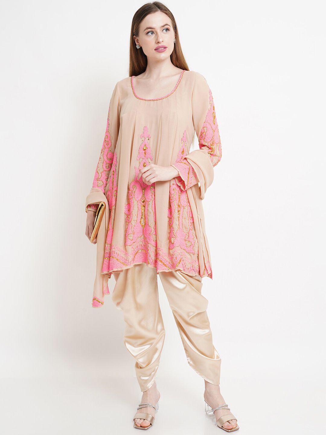 Purple State Women Brown Floral Embroidered Empire Kurta with Dhoti Pants & With Dupatta Price in India