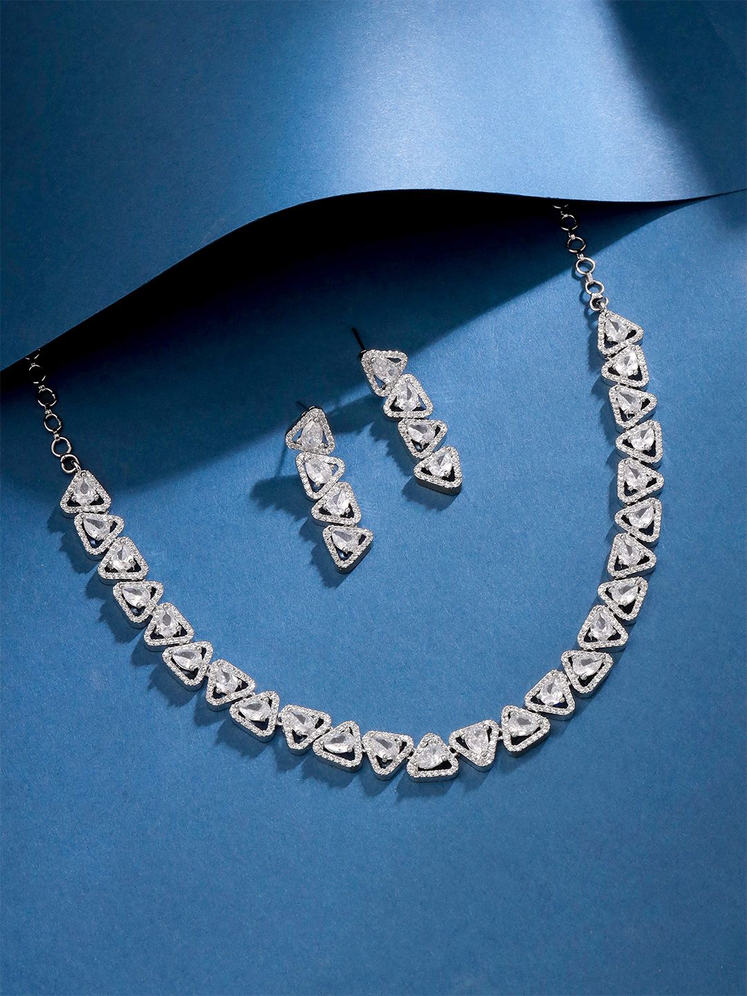 Rhodium-Plated Jewellery Set Yellow Chimes Women Rhodium Plated American Diamond Studded Jewellery Set