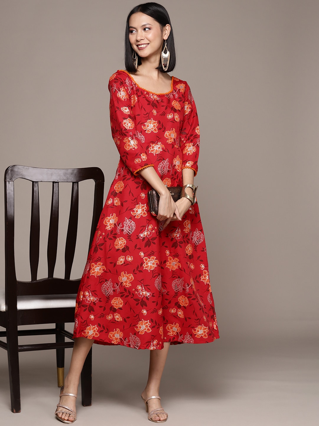 ZIYAA Floral Ethnic Midi Dress With Pom-Pom Detail Price in India