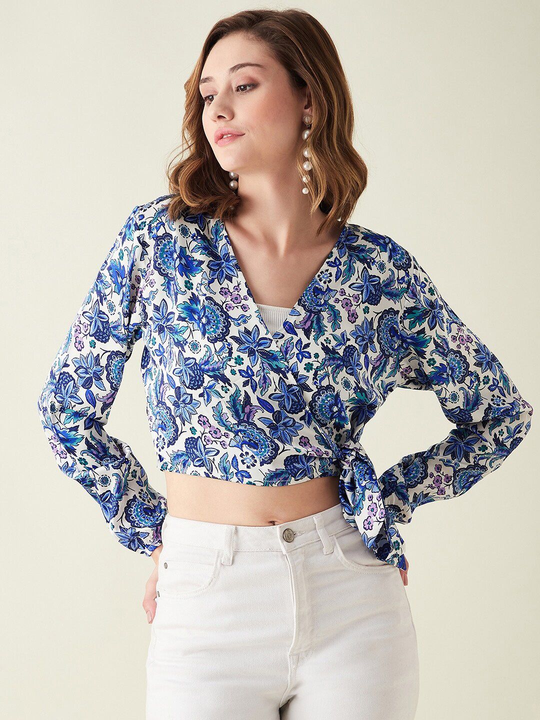 JUNE & HARRY Floral Printed Satin Wrap Crop Top Price in India