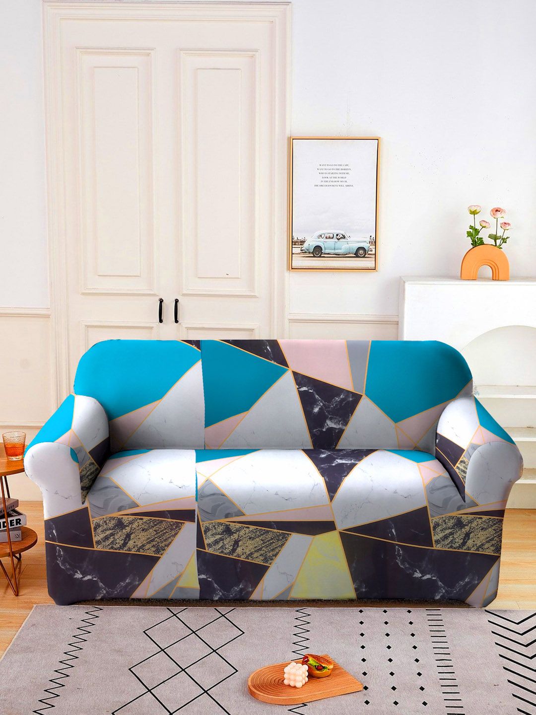 Cortina Cortina Geometric Print Teal Abstract Polyester Straight 2 Seater Sofa Cover-57x73In