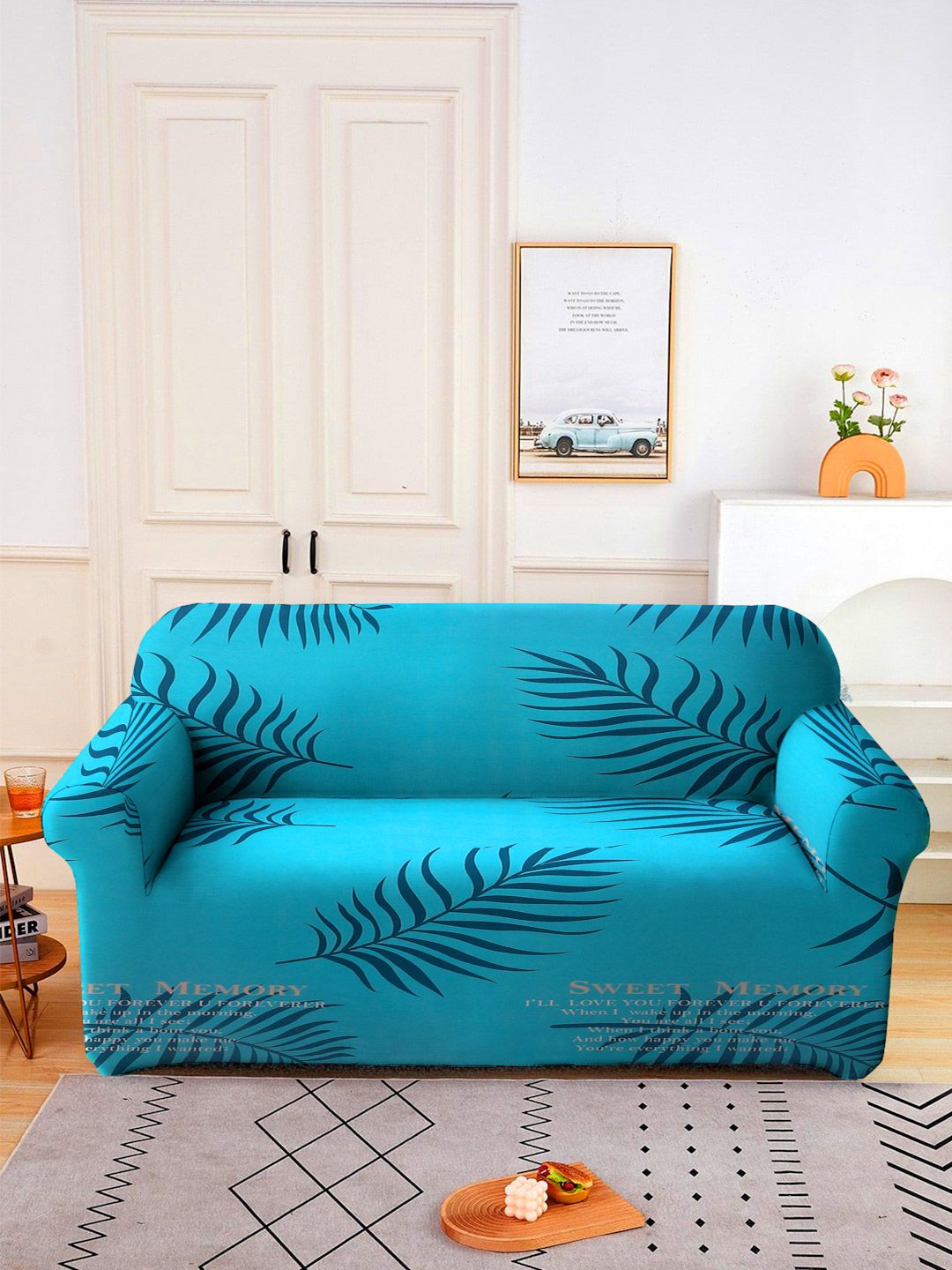 Cortina Cortina Quirky Print Turquoise Blue Leaf Polyester Straight 2 Seater Sofa Cover-57x73In