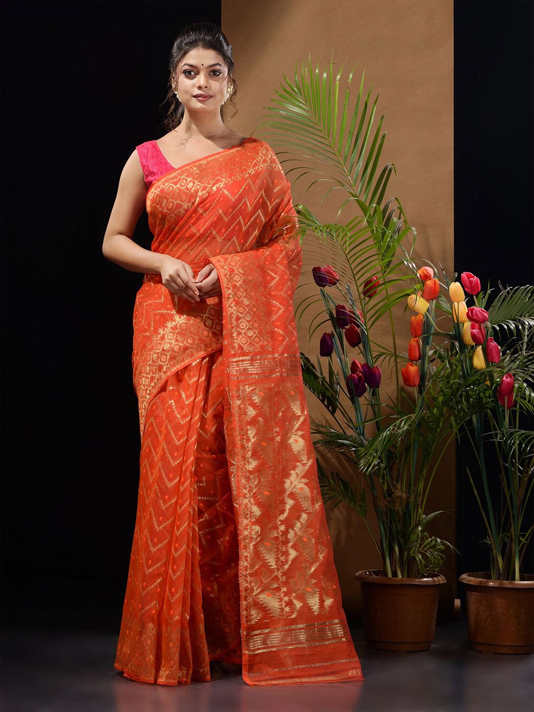 Charukriti Orange & Gold-Toned Woven Design Zari Silk Cotton Jamdani Saree Price in India