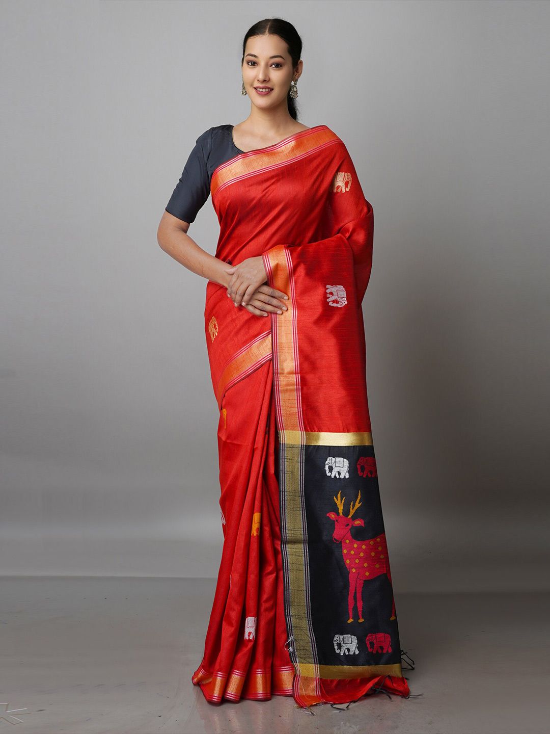 Unnati Silks Red & Black Woven Design Zari Handloom Jamdani Saree Price in India
