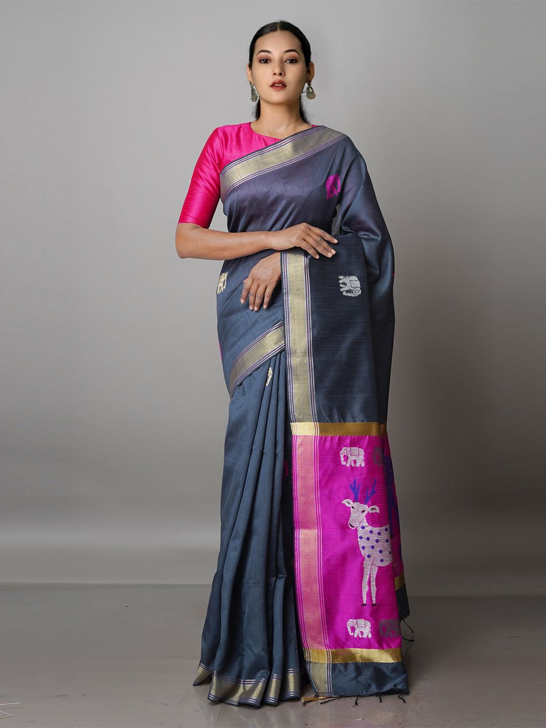 Unnati Silks Woven Design Zari Silk Blend Jamdani Saree Price in India