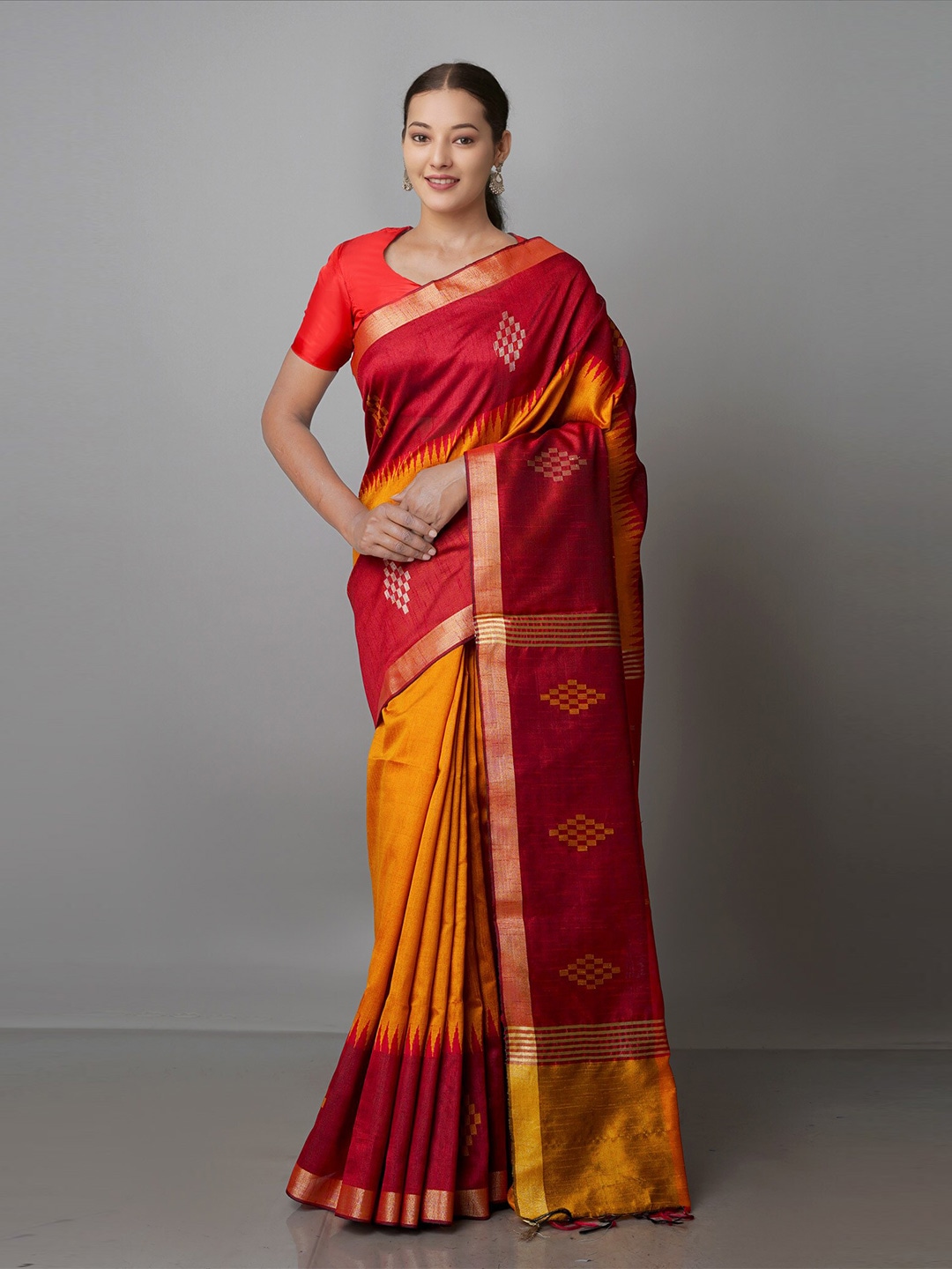 Unnati Silks Mustard & Red Woven Design Zari Silk Blend Jamdani Saree Price in India
