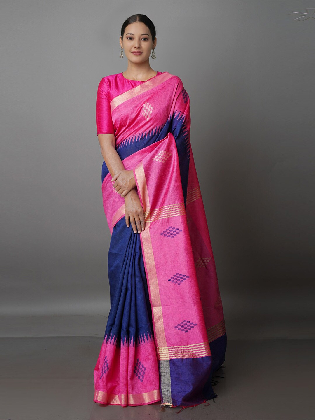 Unnati Silks Navy Blue & Pink Woven Design Zari Silk Blend Jamdani Saree Price in India