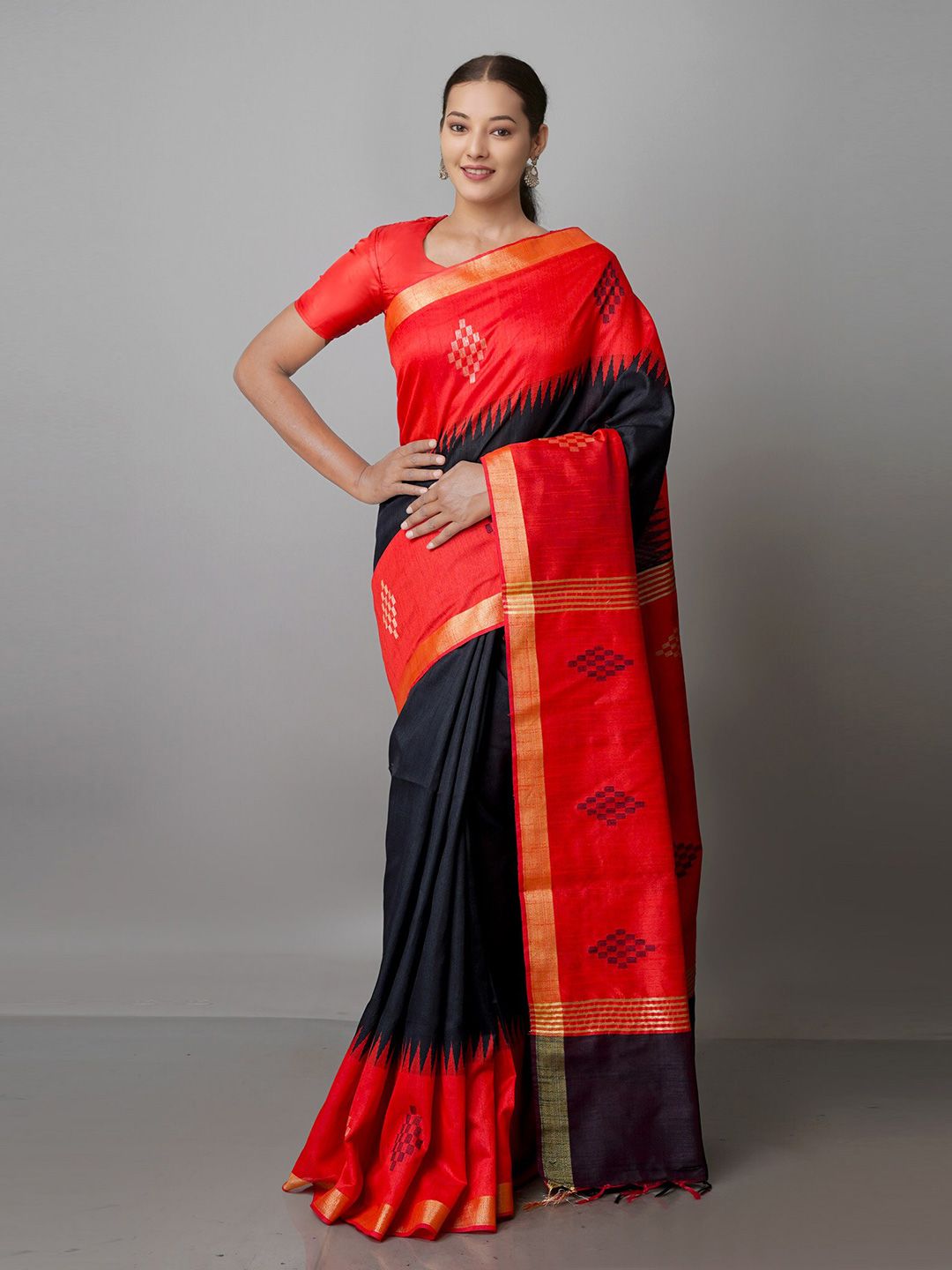 Unnati Silks Black & Red Woven Design Zari Silk Blend Jamdani Saree Price in India